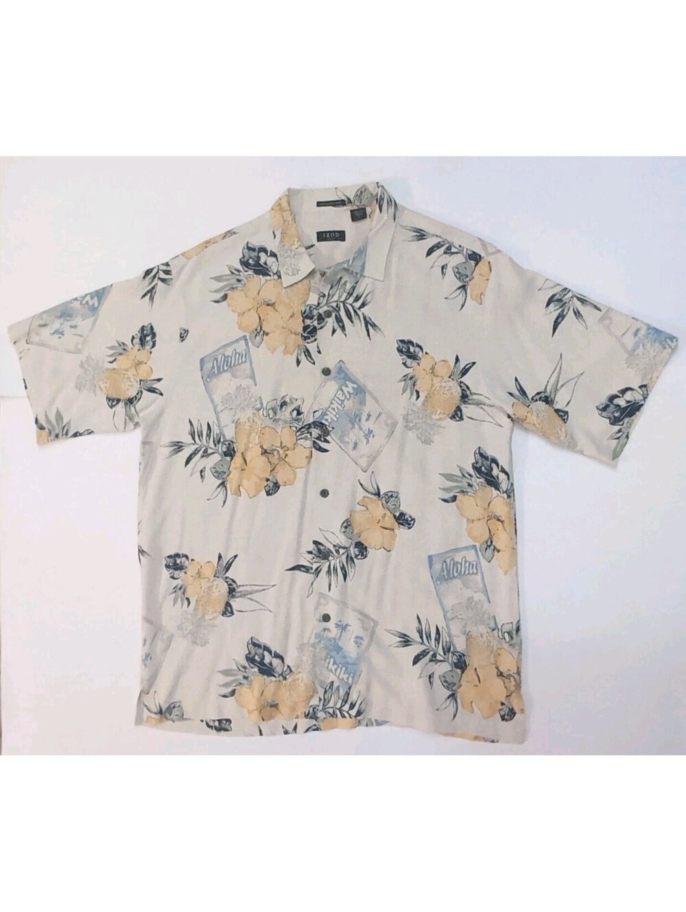 100% Silk Hawaiian Shirt IZOD Golf Beige Mens Large Aloha Waikiki Camp Floral